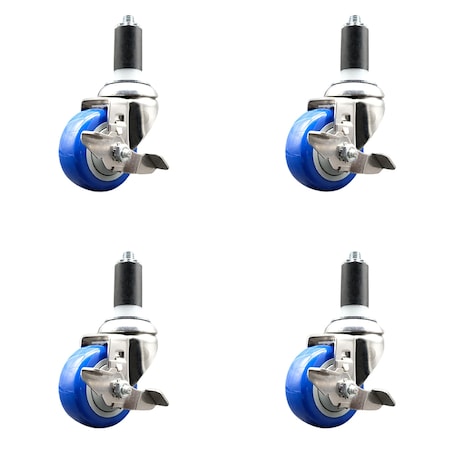 3 Inch 316SS Blue Poly Swivel 1-1/4 Inch Expanding Stem Caster Set Brake SCC